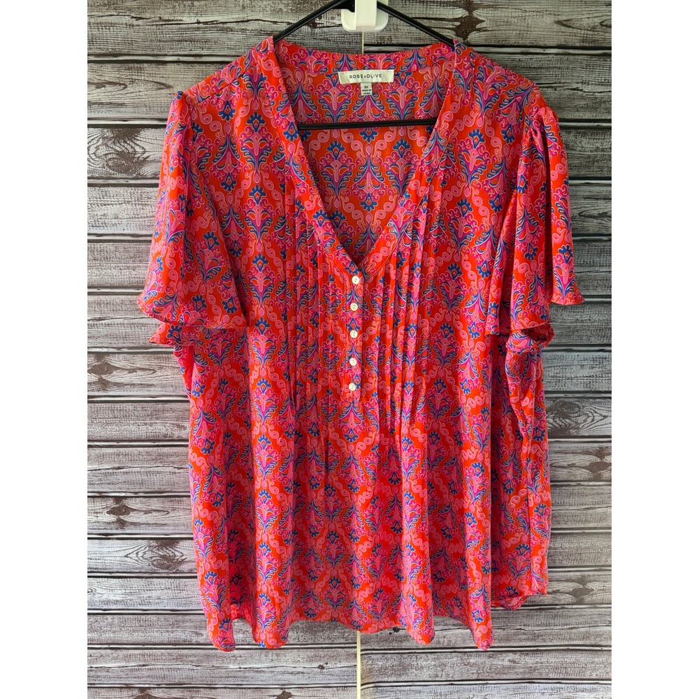 Rose + Olive Women's Flutter Sleeve Blouse Size 2X V-Neck Pleated Red-Orange